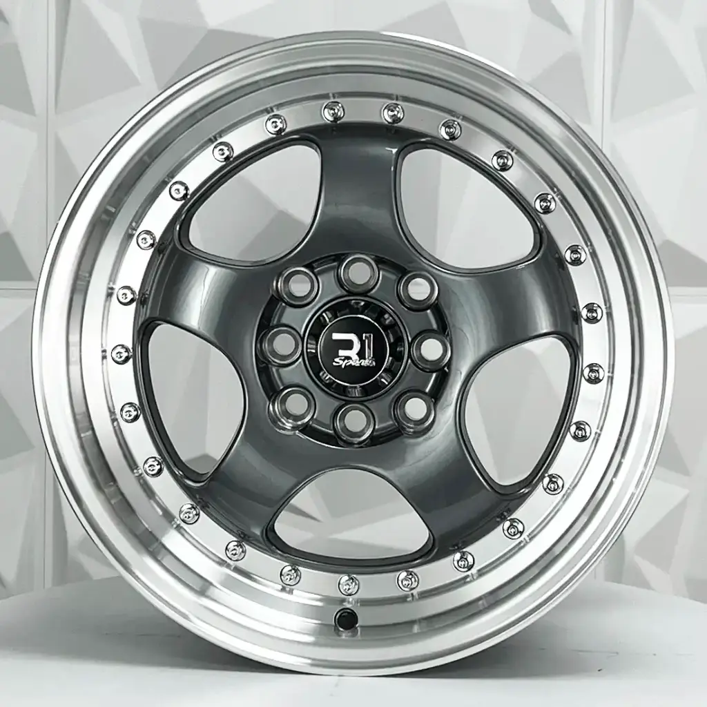 RIN 15X8 4-100/114.3 R1 SPORT 1064 GUNMETAL MACHINE LIP CHROME RIVETS ET20 CB73.